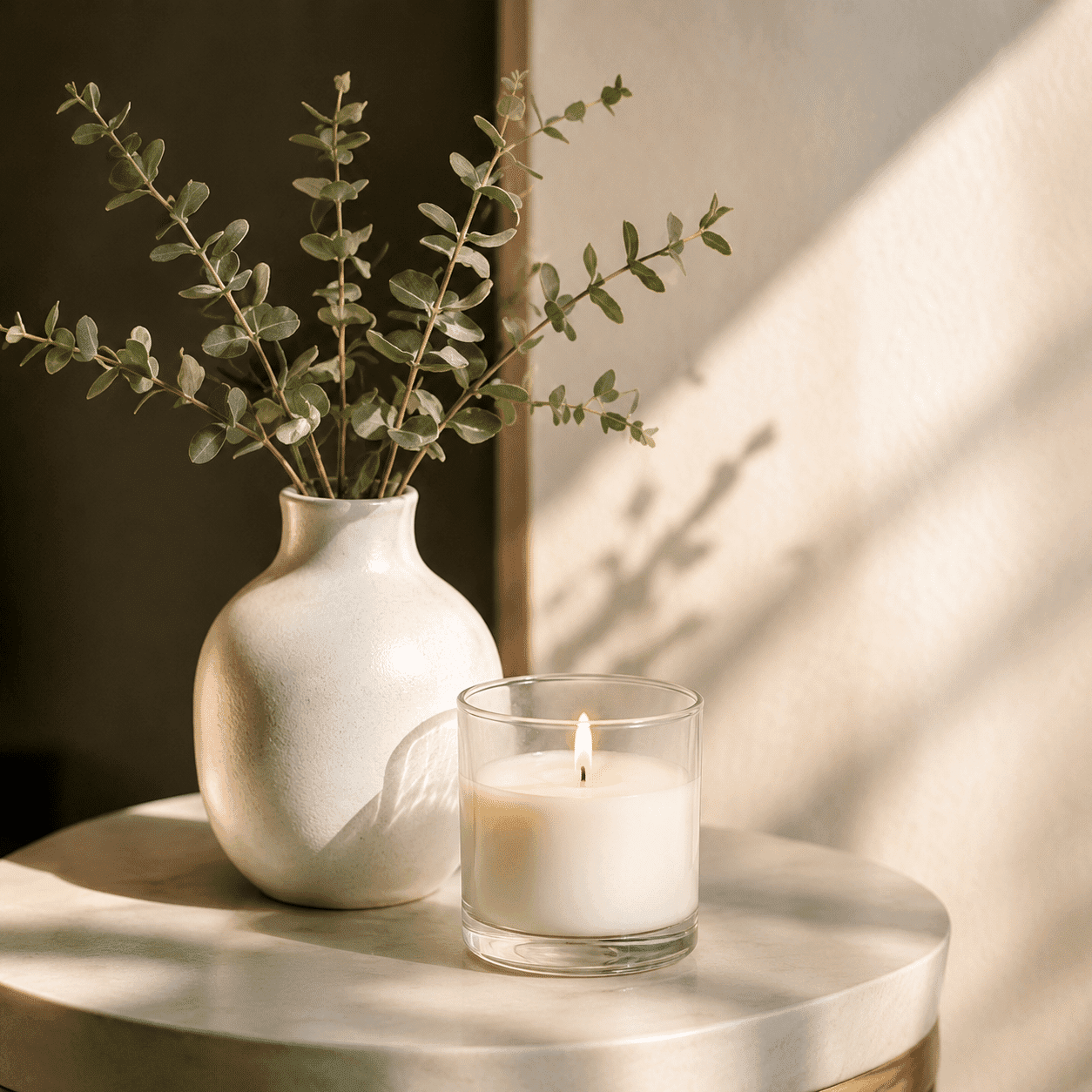 Vase with eucalyptus and lit candle on a sunlit table.