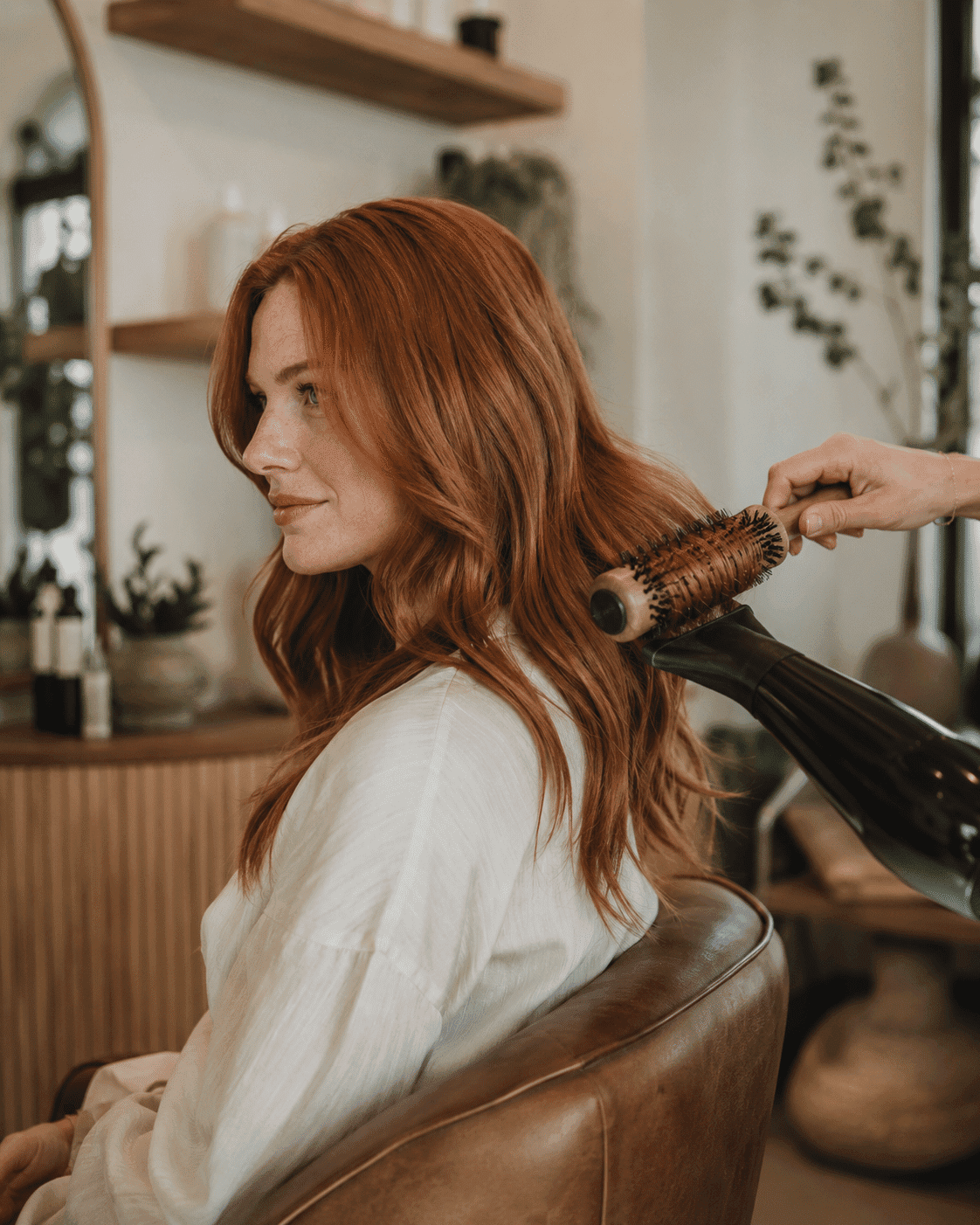 Hairdresser styling a woman's long red hair with a round brush in a salon.