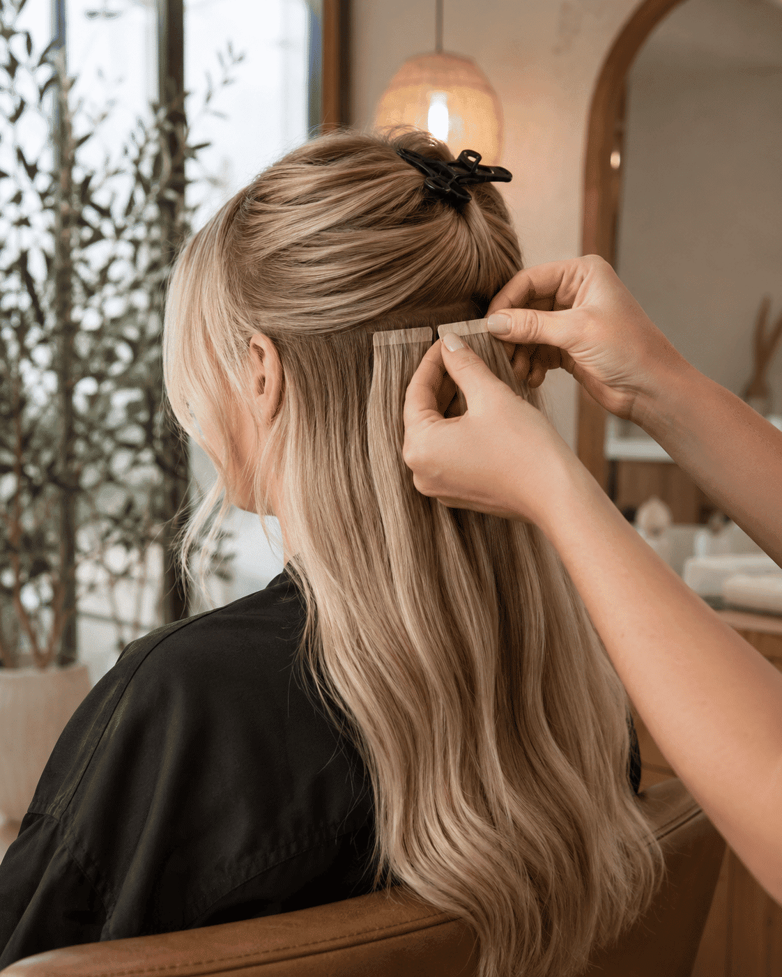 Hair extensions being applied to a woman's long blonde hair in a salon setting.